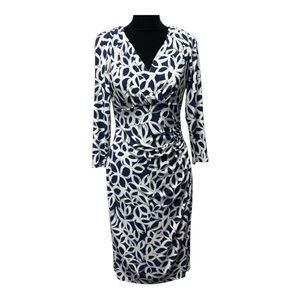 Lauren Ralph Lauren Women's White and Navy Blue Faux Wrapped V-Neck Dress 4